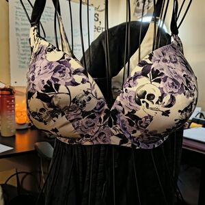 Gothic Floral Skull Print Bra - Purple and Black